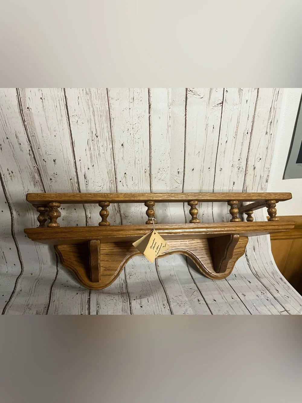 Vtg Spindle Rail Solid Oak Wood Wall Mounted Shelf 18” With Tag